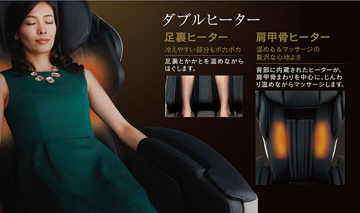 肩甲骨まわりと足裏を温める「ダブルヒーター」 